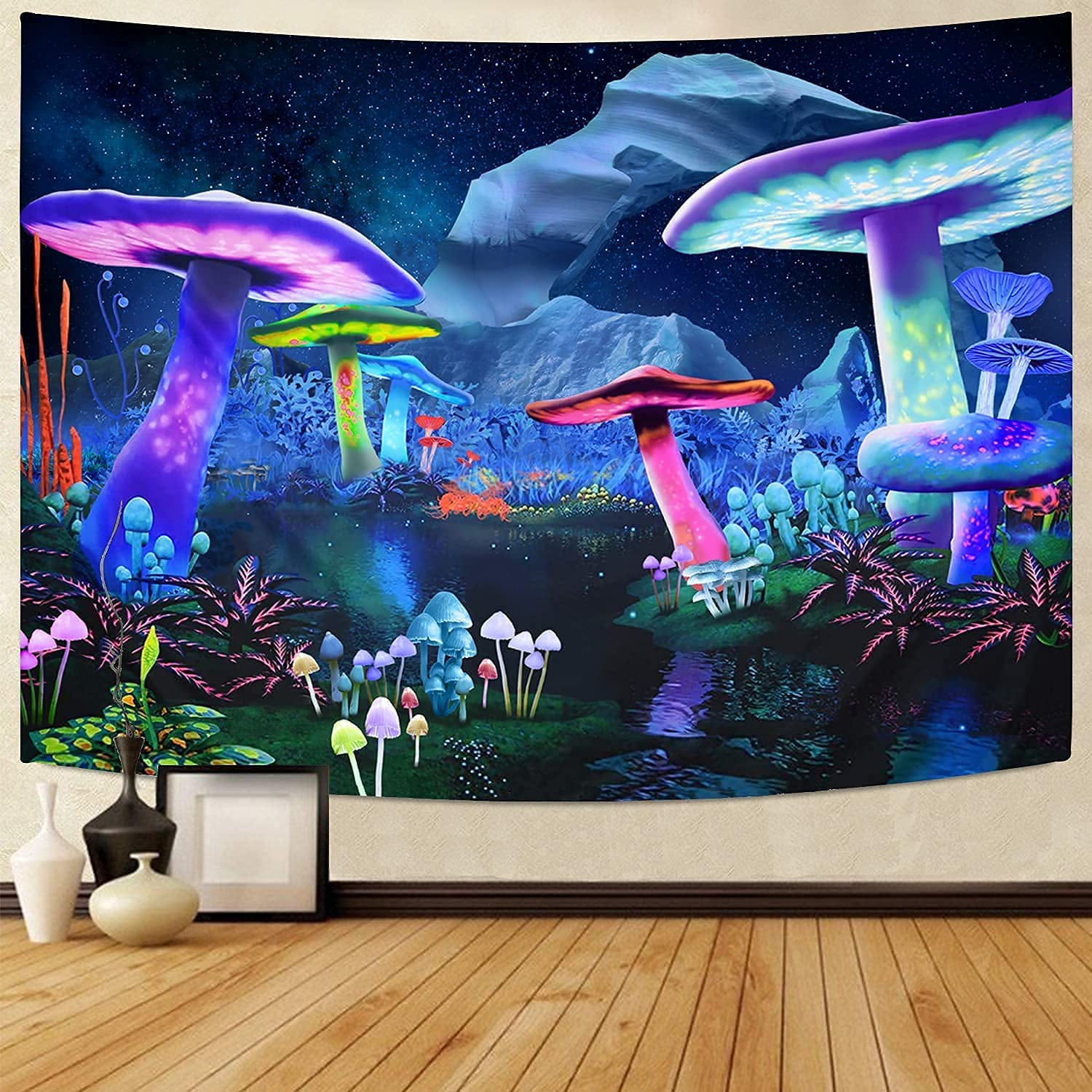 Mushroom Tapestry Cool Tapestries for Bedroom Aesthetic Blue Pink Men Girl Poster for College Dorm Room Nature Dark Neon Tapistry Picture Wall Hanging Decor Walmart