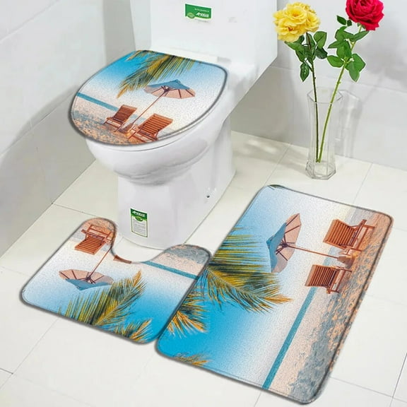 Ocean Beach Bath Mat Set Coconut Trees Dolphin StarSea Waves Island Landscape Bathroom Decor Non-Slip Rugs Toilet Lid Cover