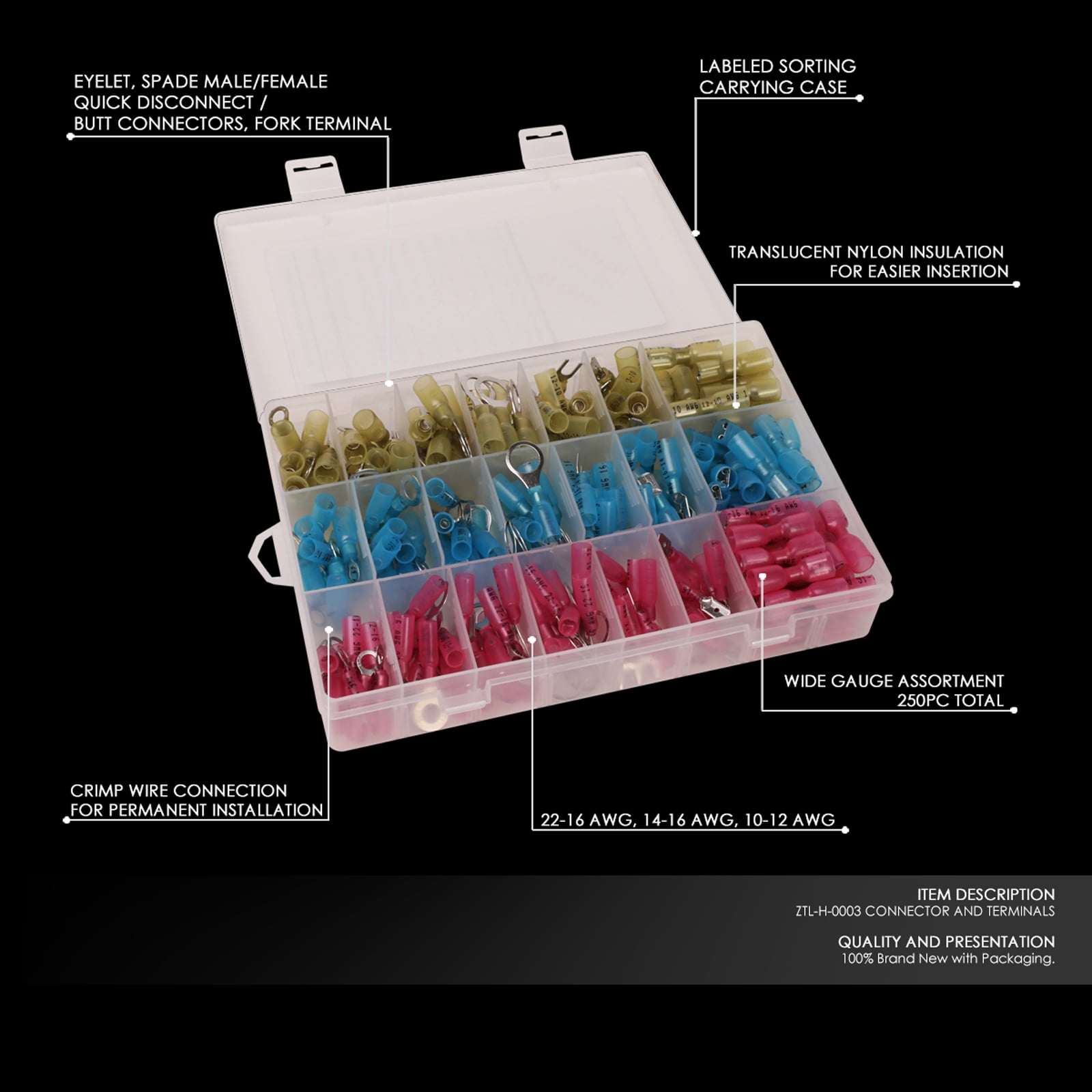 DNA Motoring ZTL-H-0003 250Pcs 22-16/14-16/10-12 AWG Translucent Nylon Insulation Wide Gauge Assortment Wire Terminal Assortment Set