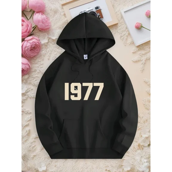 Beige 1977 Vintage Logo Print Unisex Pullover Casual Warm Hoodie Shirt for Men & Women, up to Size 5XL