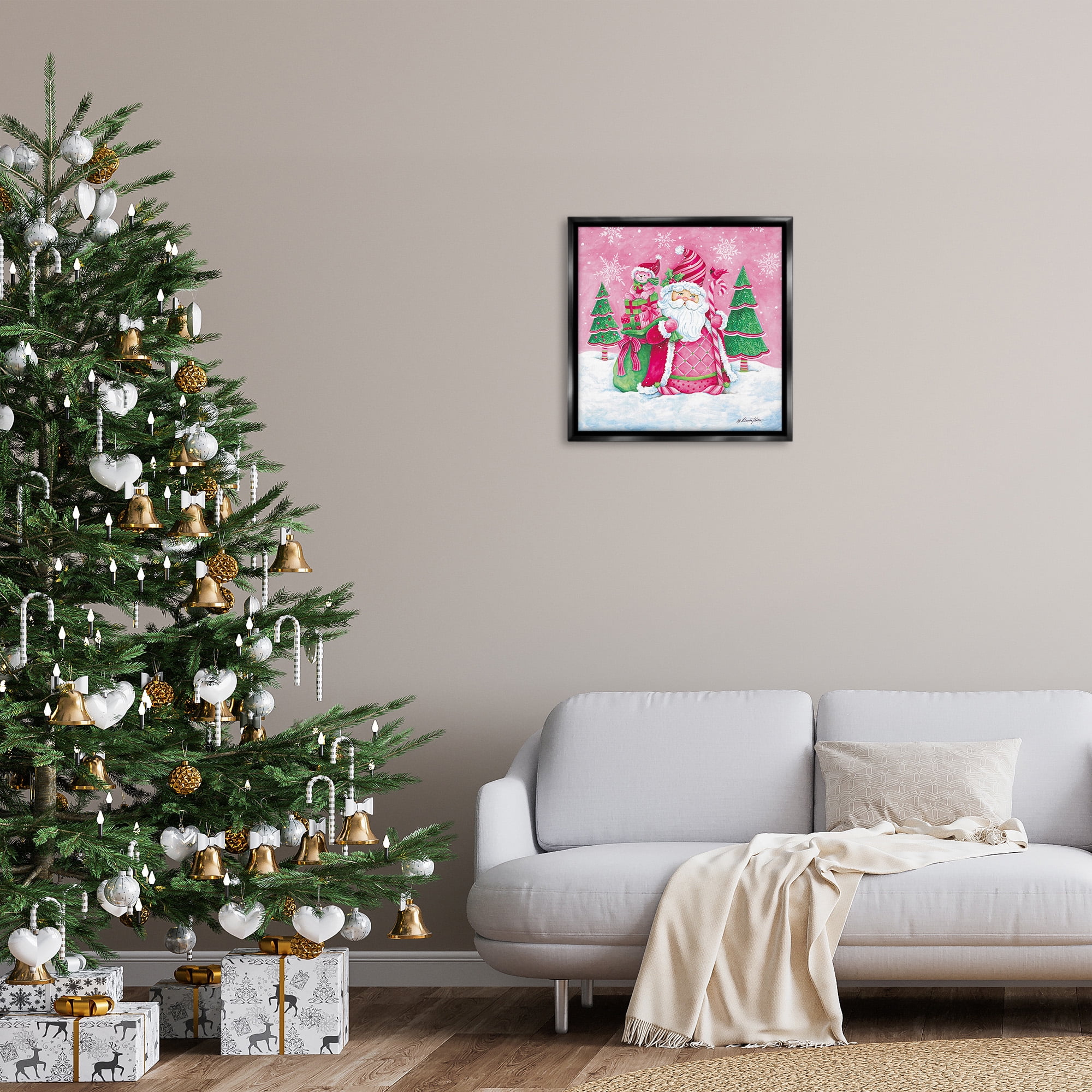 Stupell Industries Pink & Green Santa Scene Holiday Painting Black Floater Framed Canvas Art Print Wall Art, 25 x 25