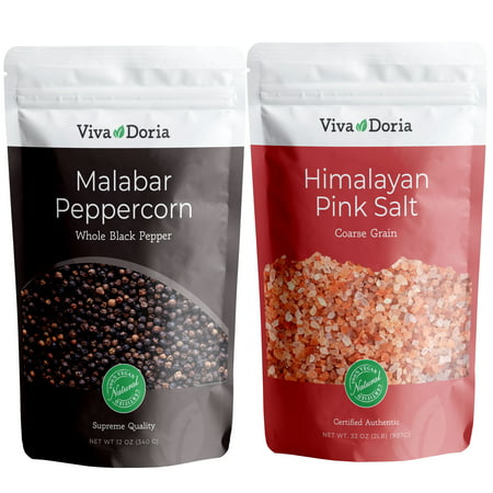 Viva Doria Malabar Peppercorn (Whole Black Pepper) 12 oz and Himalayan Pink Salt (Coarse Grain) 2 lb for Grinder