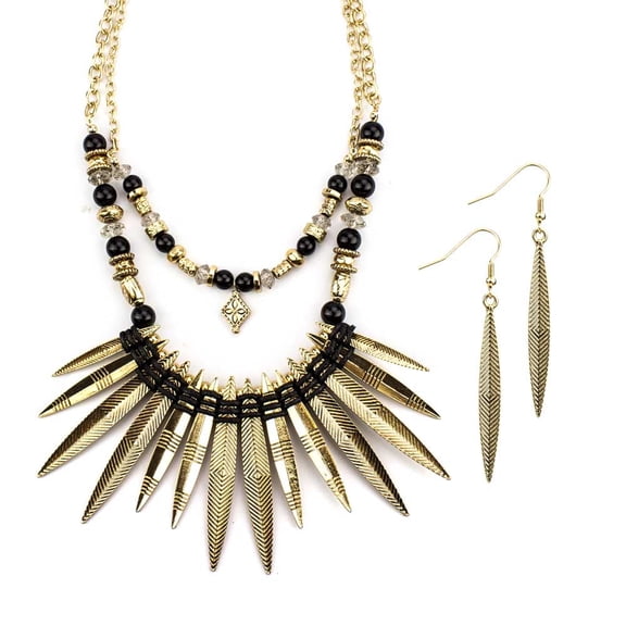 Tribal Spike Statement Necklace and Earring Set - Antique Gold Tone with Black Beads - 16 inch Jewelry Necklace Earring Gold