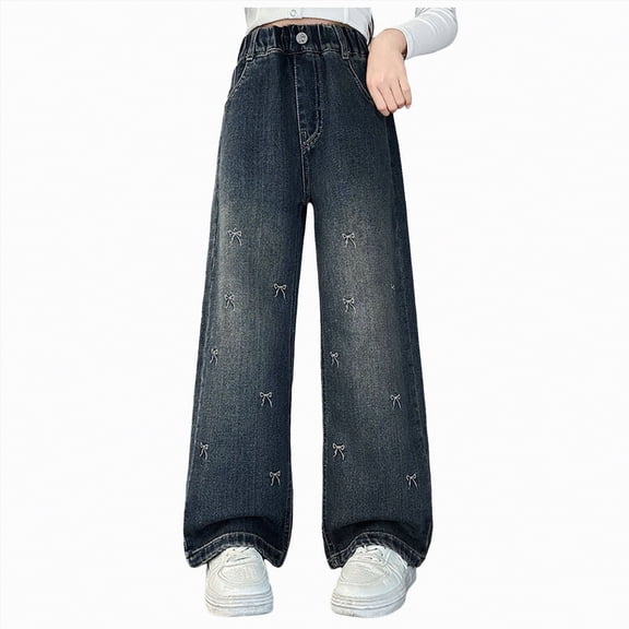 kpoplk Girls Baggy Jeans Streetwear Denim Cargo Pants Kids Distressed Elastic High Waist Wide Leg Clothes Multiple Pockets(Blue,12-14 Y)