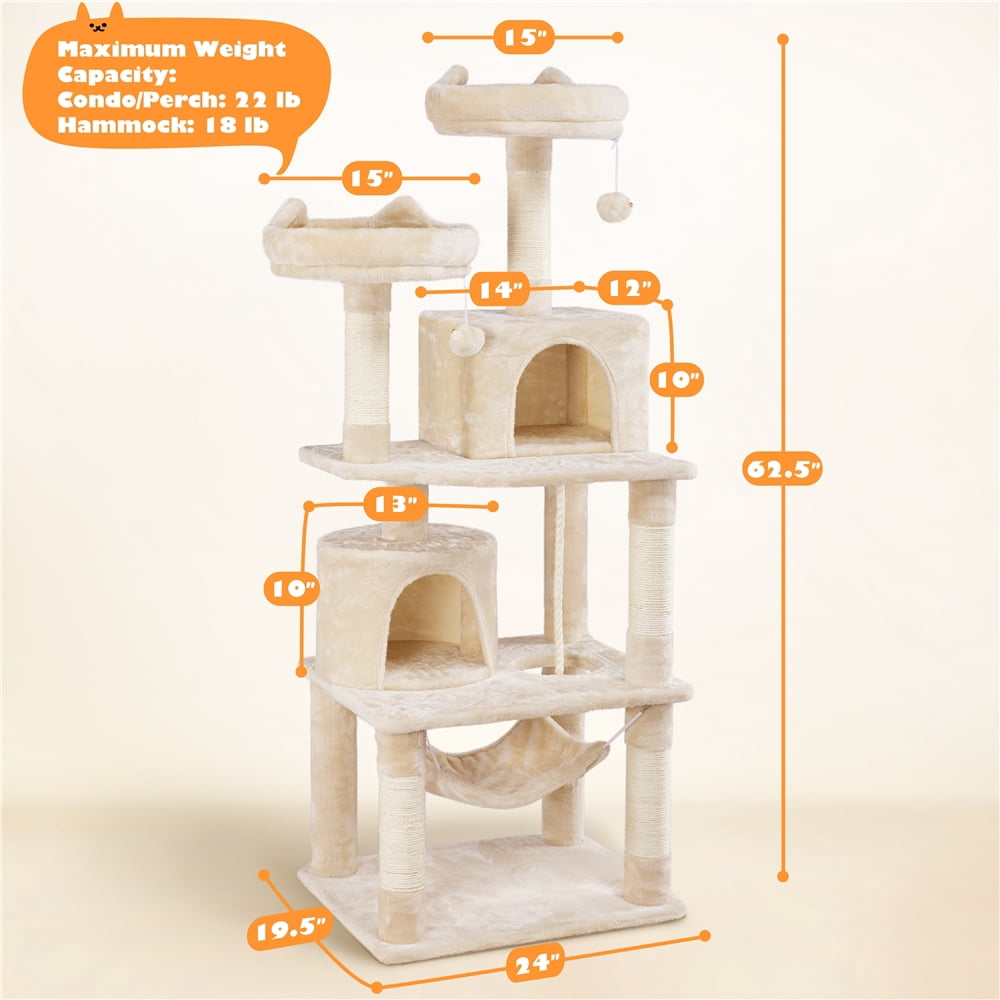 Yaheetech 62" H Multi Level Cat Tree Tower with 2 Condos & Scratching Post, Beige