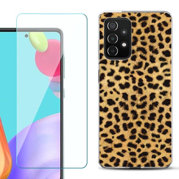 Slim-Fit Flexible Gel TPU Phone Case compatible with Samsung Galaxy A52 5G, with Tempered Glass Screen Protector, by OneToughShield ® - Cheetah Gold/Black