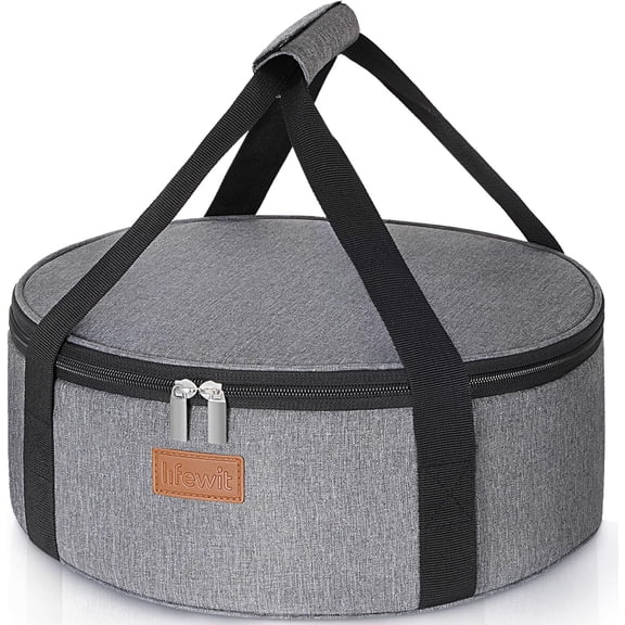 Insulated Single Decker Round Casserole Carrier, Portable Pie Carrier Bag for Hot or Cold Food, Fits 12.5" Baking Dish, Thermal Lunch Tote for Potluck Parties, Picnic and Cookouts, Grey