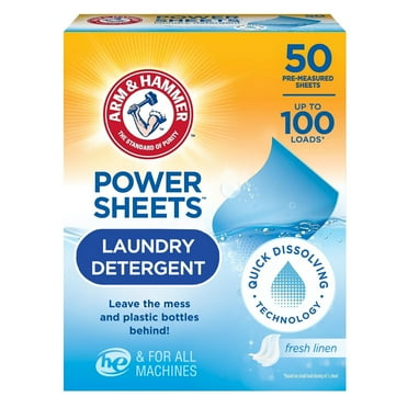 ARM & HAMMER Power Sheets Laundry Detergent Sheets, Fresh Linen, 50 Count, up to 100 Loads