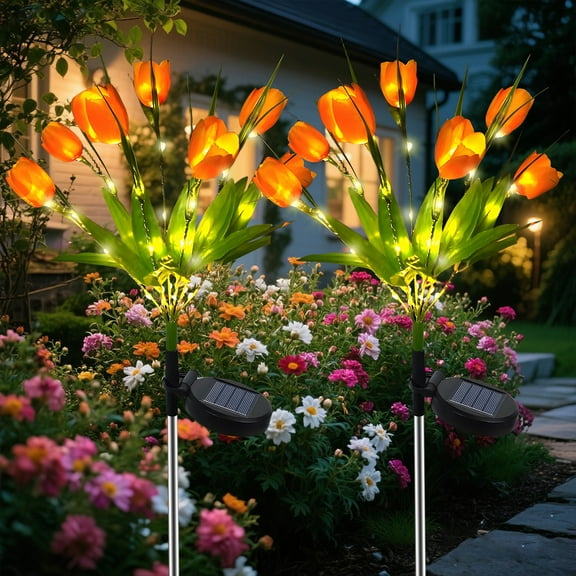 Solar Flower Lights Outdoor, 2 Pack Solar Tulip Lights with 14 Tulip Flowers, Waterproof LED Garden Stake Light for Patio Yard Landscape Decor (Orange)