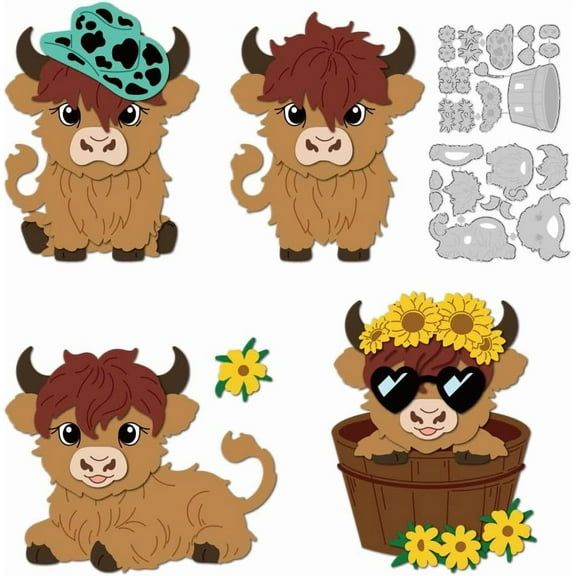 Highland Cattle Cutting Dies Flower Cute Cow Card Making Die Stencil Metal Die Cuts Card Scrapbooking Embossing Template Dies for Greeting Cards Craft Paper Album Invitation Festive Decor Gray