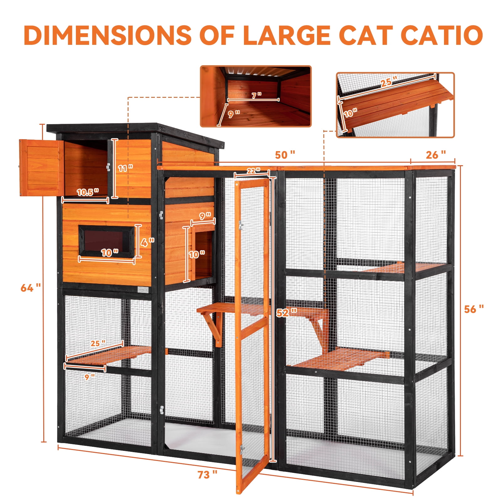 Petsfit Large Wooden Outdoor Cat House with 2 Resting Rooms, 4 Platforms, and Waterproof Roof, Orange