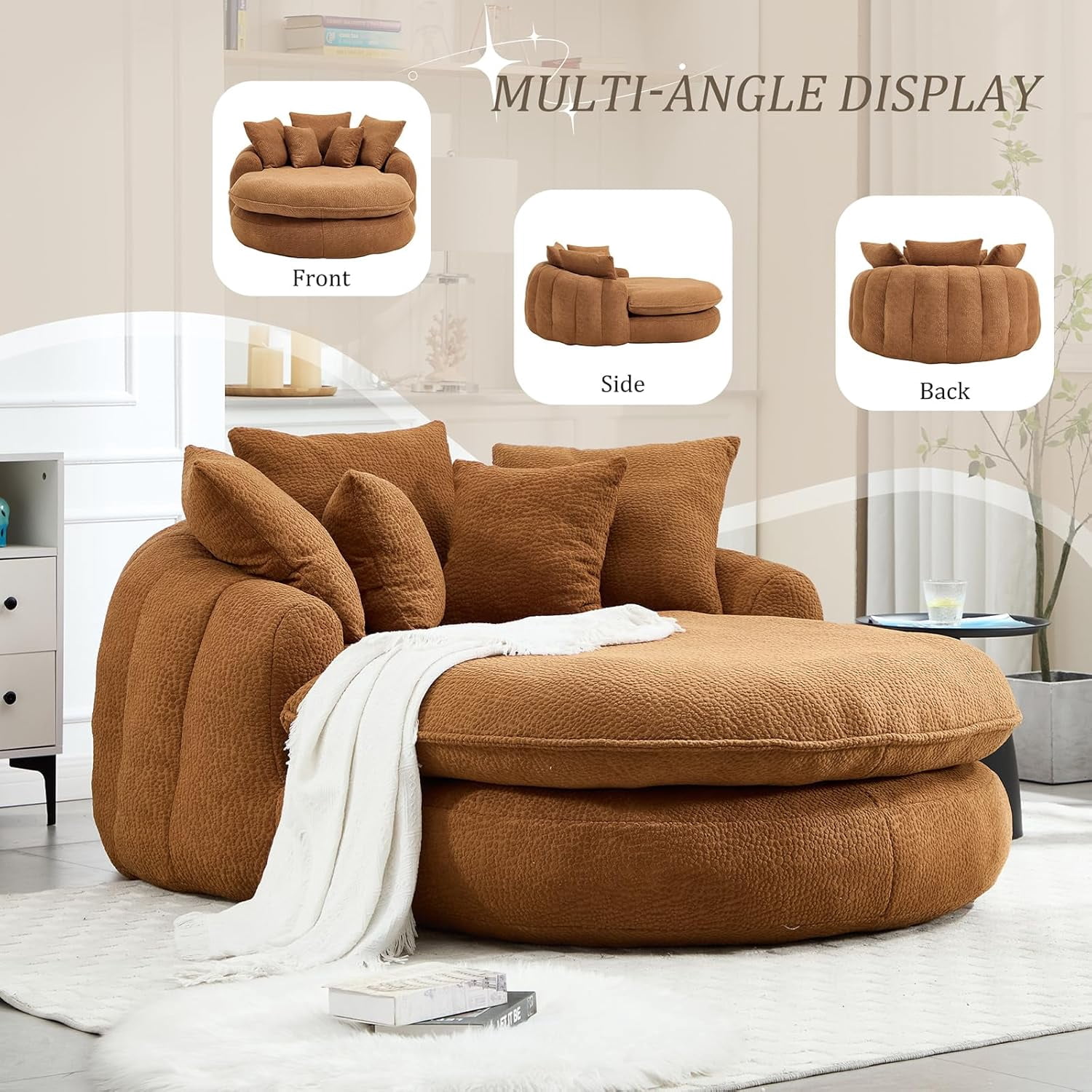 AENKYO Oversized Chenille Bean Bag Sofa with 5 Pillows, Oval Lazy Floor Sofa with Wraparound Backrest for Adults-Brown