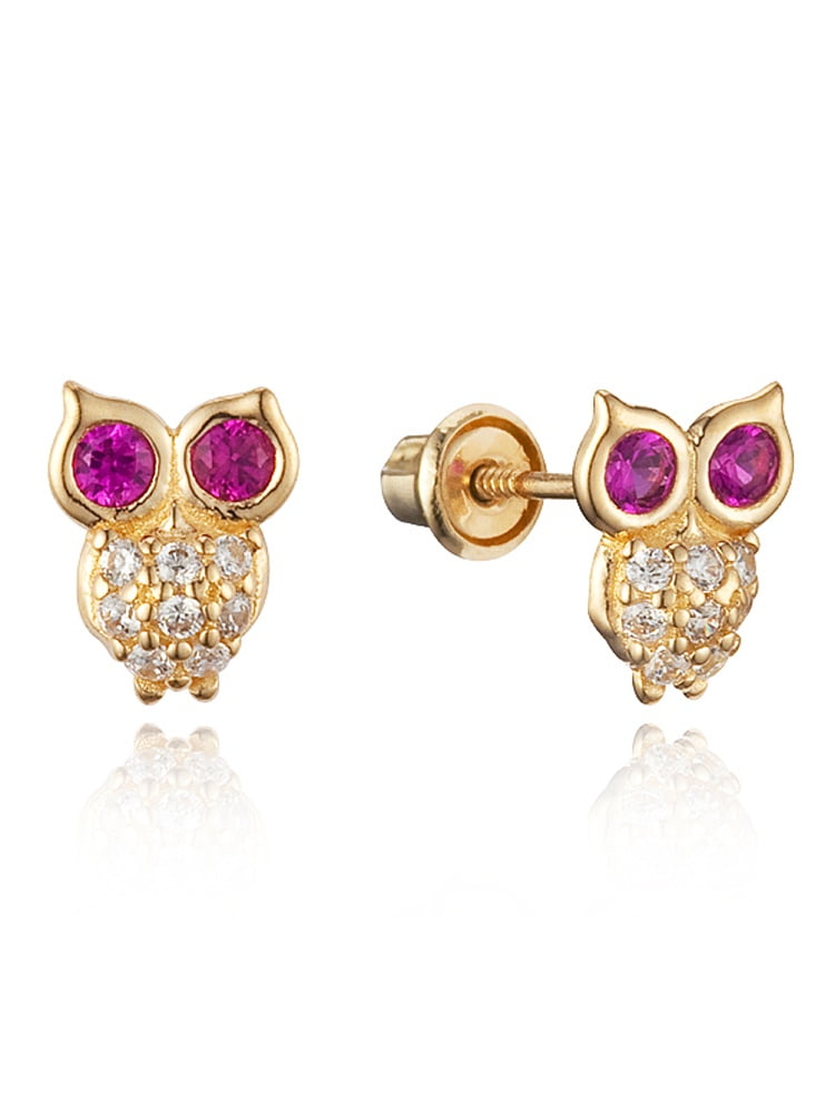 Lovearing 14k Yellow Gold Owl Cubic Zirconia Children Screwback Baby