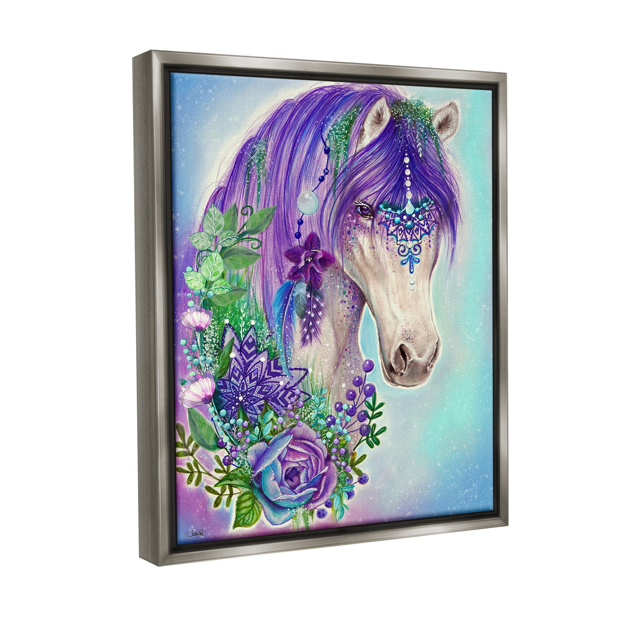 Stupell Industries Horse with Floral Garland Animals & Insects Painting Gray Floater Framed Canvas Art Print Wall Art, 25 x 31