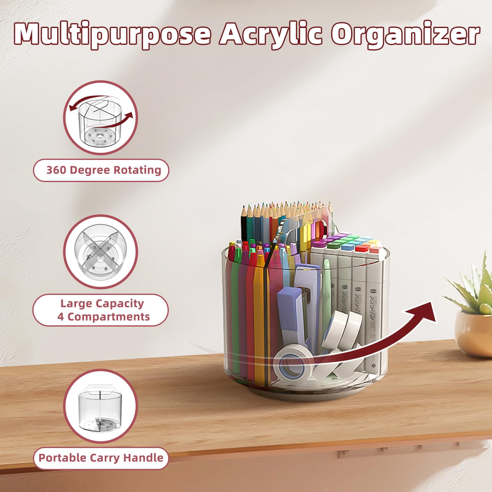 2 Pack Pen Pencil Holder For  Rotating Desk Organizer 4 Compartments Art Supply Marker And Storage