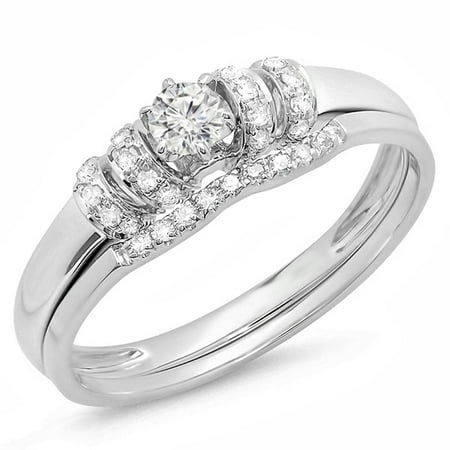 - 0.30 Carat (ctw) 18K Gold Round White Diamond Ladies Bridal Engagement Ring Set 1/3 CT