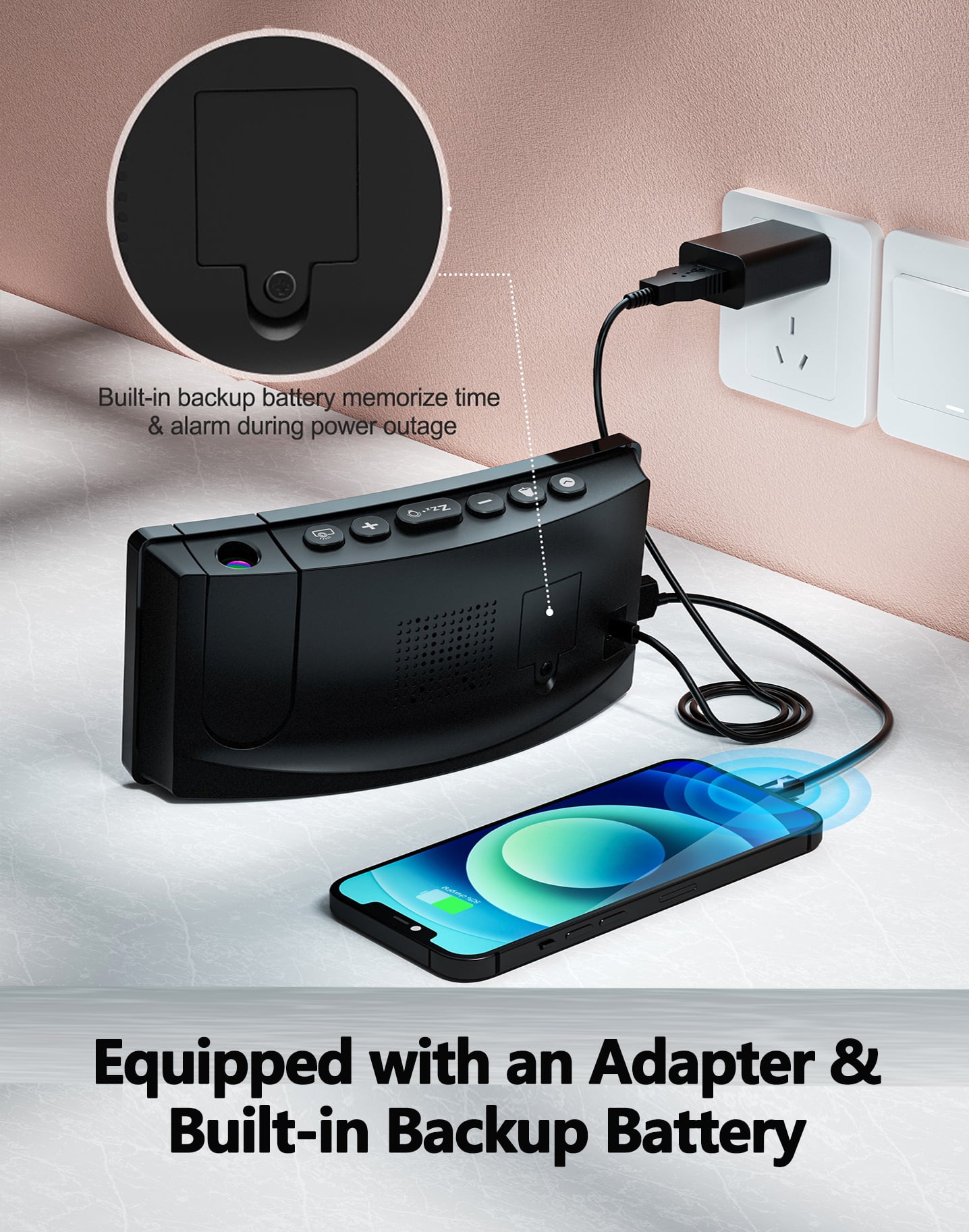 Mpow Projection Alarm Clock, Digital Clock with 180° Rotatable Projector, 3-Level Brightness, Progressive Volume, USB Charger, Battery Backup, 9mins Snooze, 12/24H, Digital Alarm Clock for Bedroom