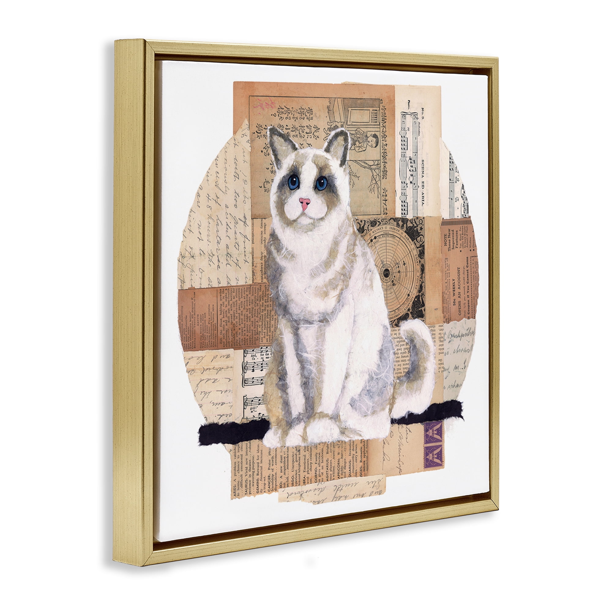 Stupell Industries Vintage Collage Cat Animals & Insects Painting Gold Floater Framed Canvas Art Print Wall Art, 18 x 18