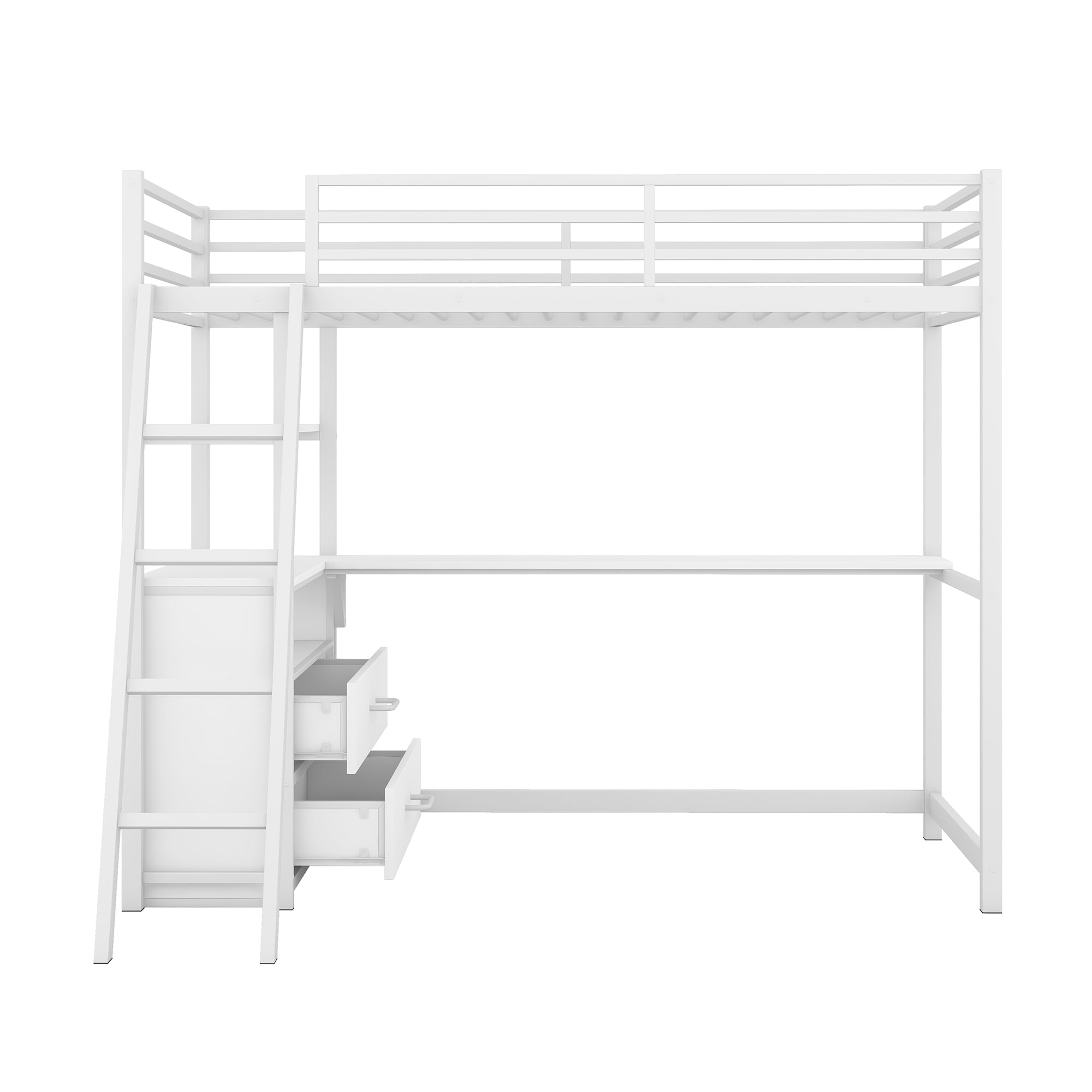 Yoneston Twin Size Loft Bed with Desk Shelve and Two Built-in Drawers, Heavy Duty Metal & Wood Loft Bed for Kids Toddles Bedroom, White