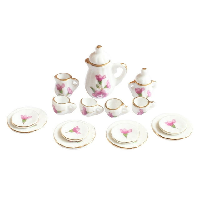 Mini House Tableware Set Accessory Layout 1:12 Micro Miniature Teapot Model Kitchen Adornment 1/12 Scale Ceramic Scene Layout Dinnerware Kit Tulips