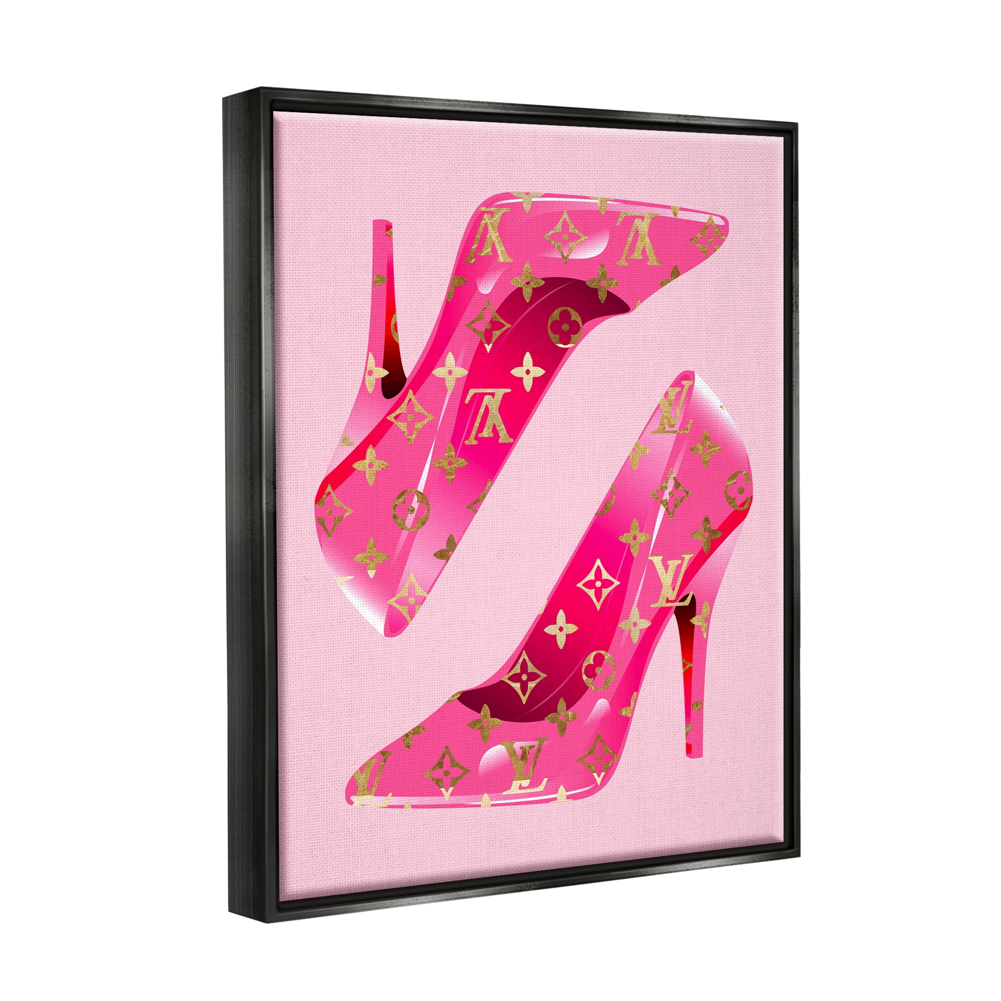 Stupell Industries Pink Glam Logo Shoes Beauty & Fashion Painting Black Floater Framed Canvas Art Print Wall Art, 17 x 21