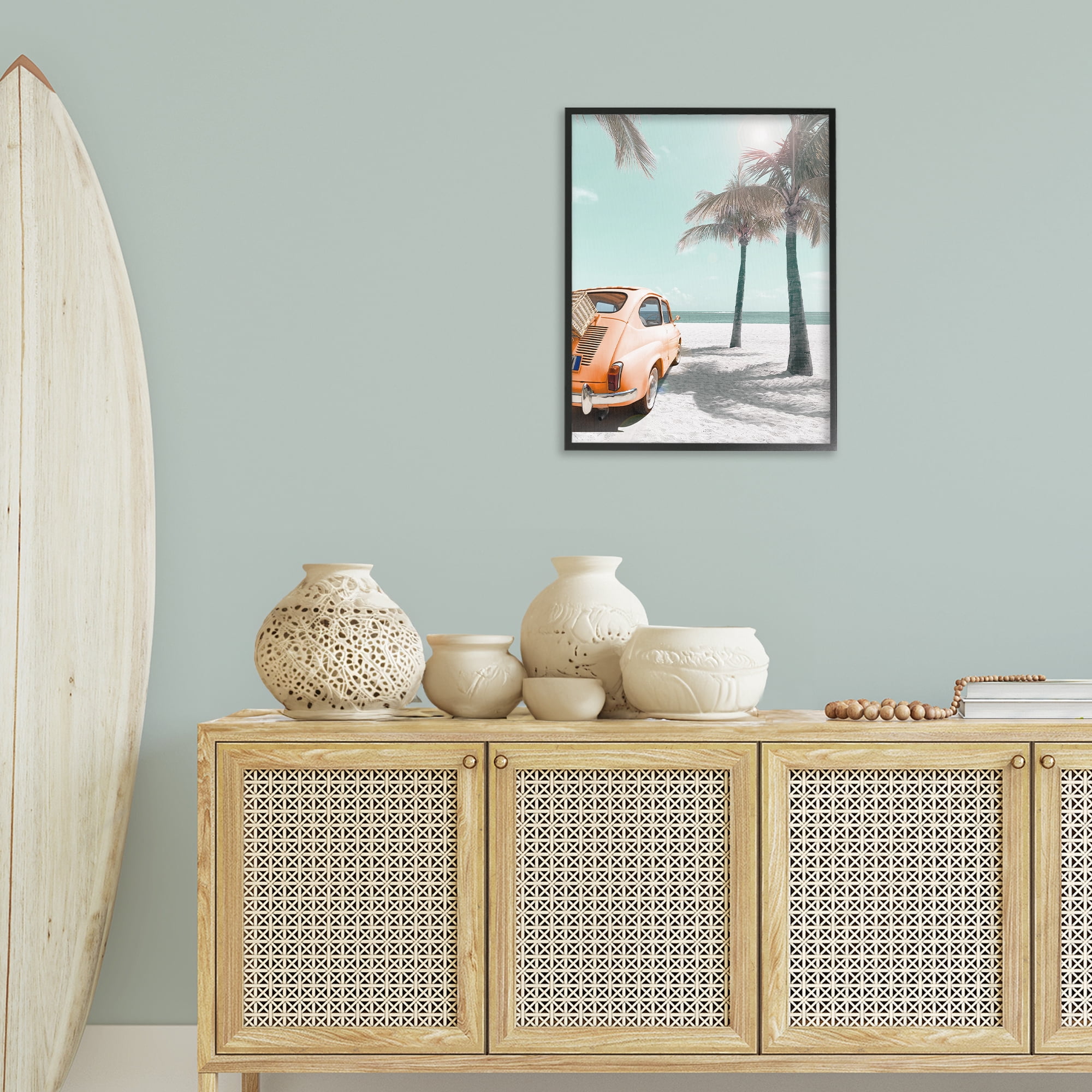 Stupell Industries Orange Car on Beach Coastal Painting Black Framed Art Print Wall Art, 24 x 30