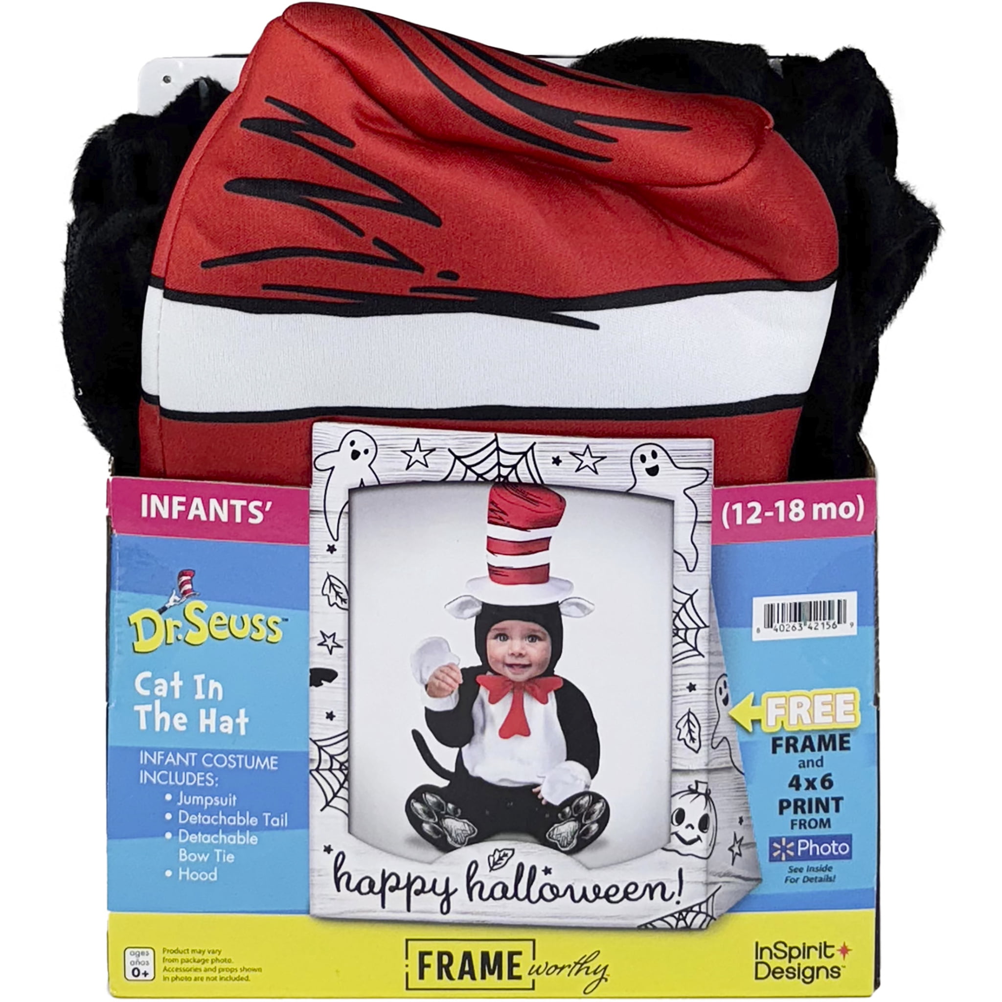Dr.Suess Cat in the Hat 4pc Halloween Costume for Infants, Size 12-18M, by Inspirit, Free Frame Worthy 4x6 Print