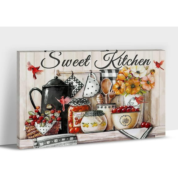 Farmhouse Kitchen Wall Art, Sweet Kitchen Signs Picture, Framed Hummingbird Flower Painting Rustic Kitchen Canvas Prints Wall Decor, Vintage Country Home Kitchen Wall Decorations Artwork 12x18 Inches