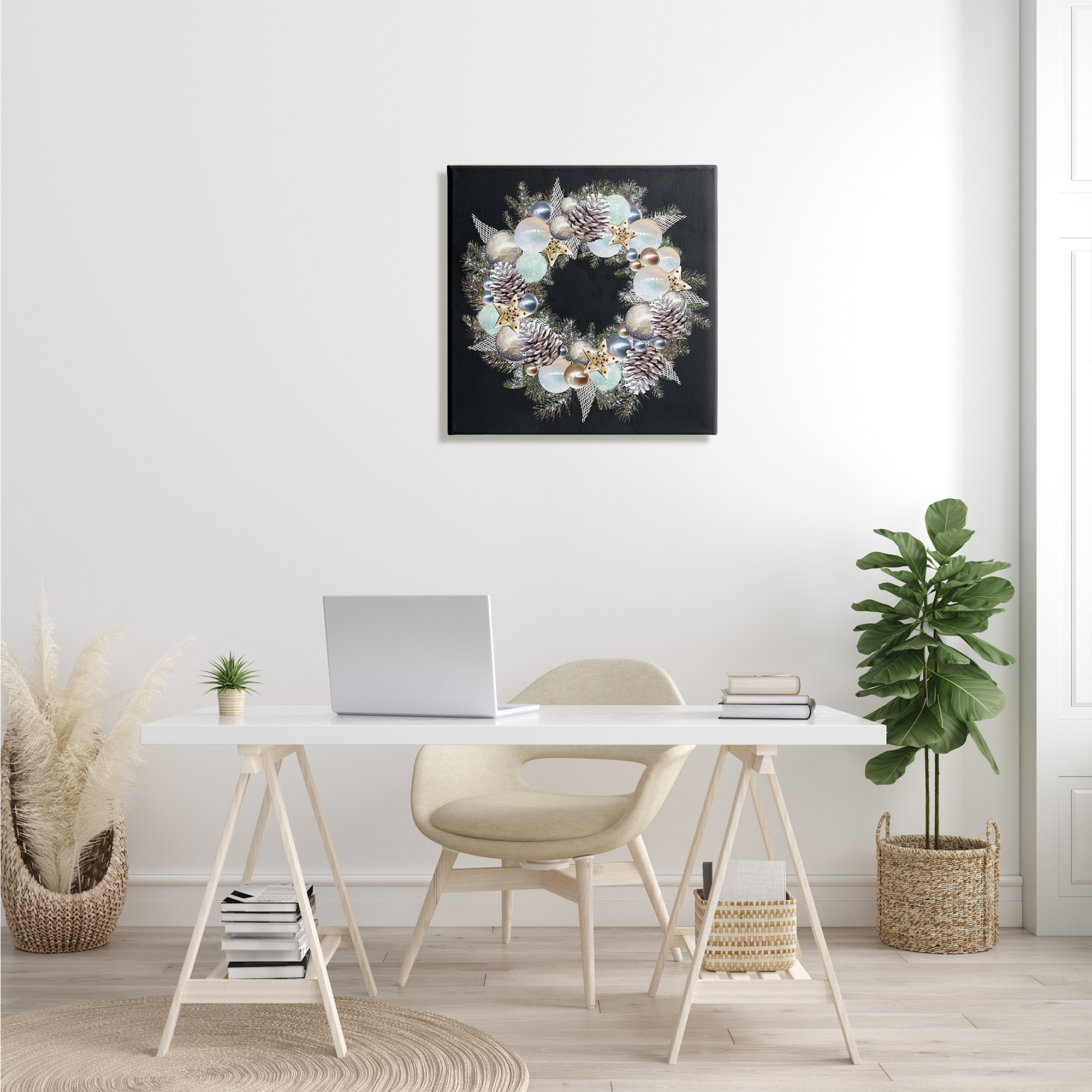 Stupell Industries Chic Winter Ornament Wreath Pinecone Glitz Holiday Painting Gallery Wrapped Canvas Print Wall Art, 24 x 24
