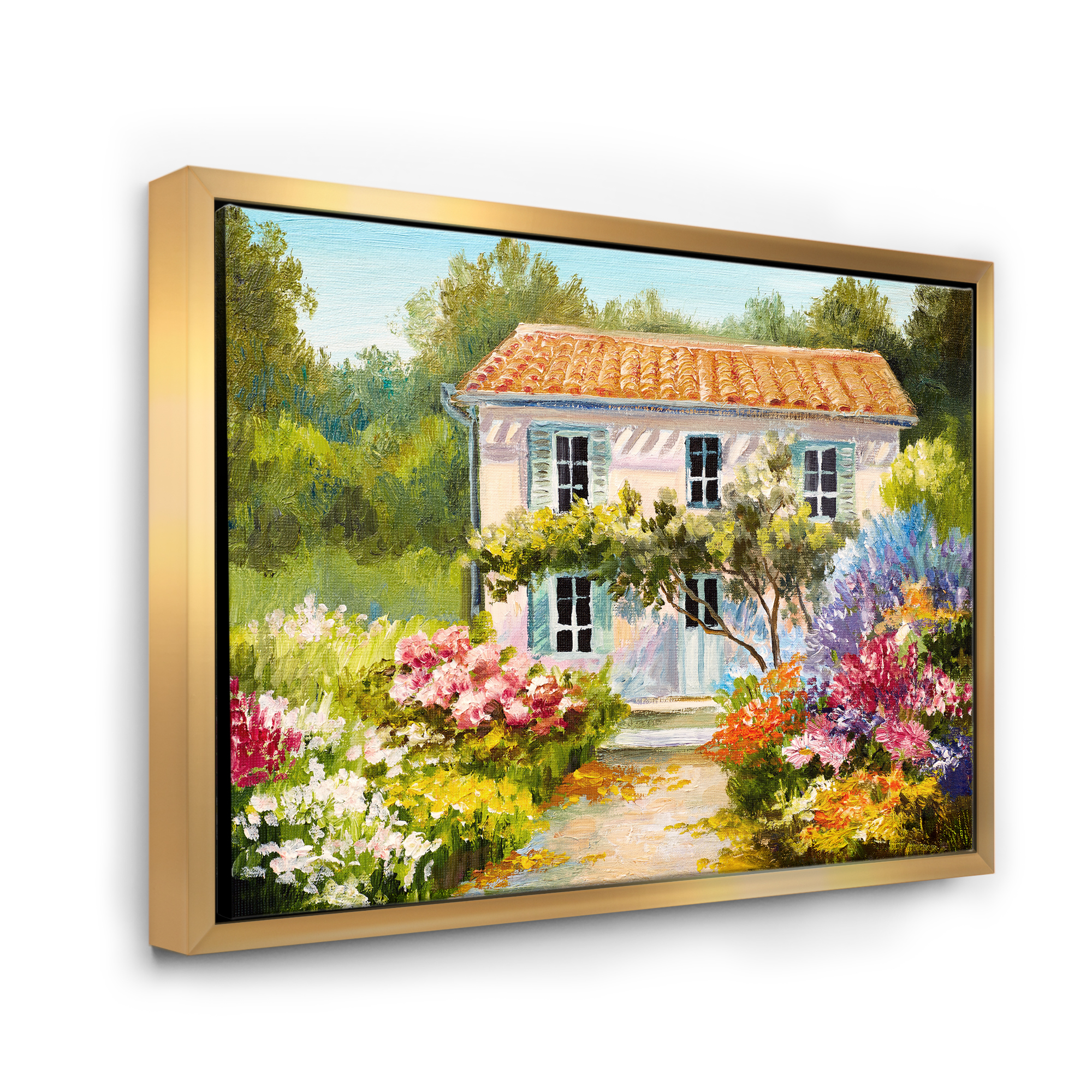The Mountain With Flowers With Little House II 20 in x 12 in Framed Painting Canvas Art Print, by Designart
