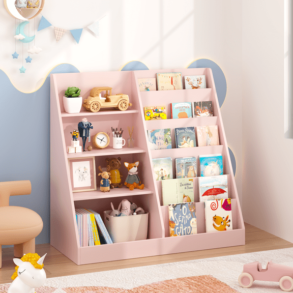 Pink Kids Bookshelf with Toy Storage Bin 2-Tier Display Childrens Room Organizer