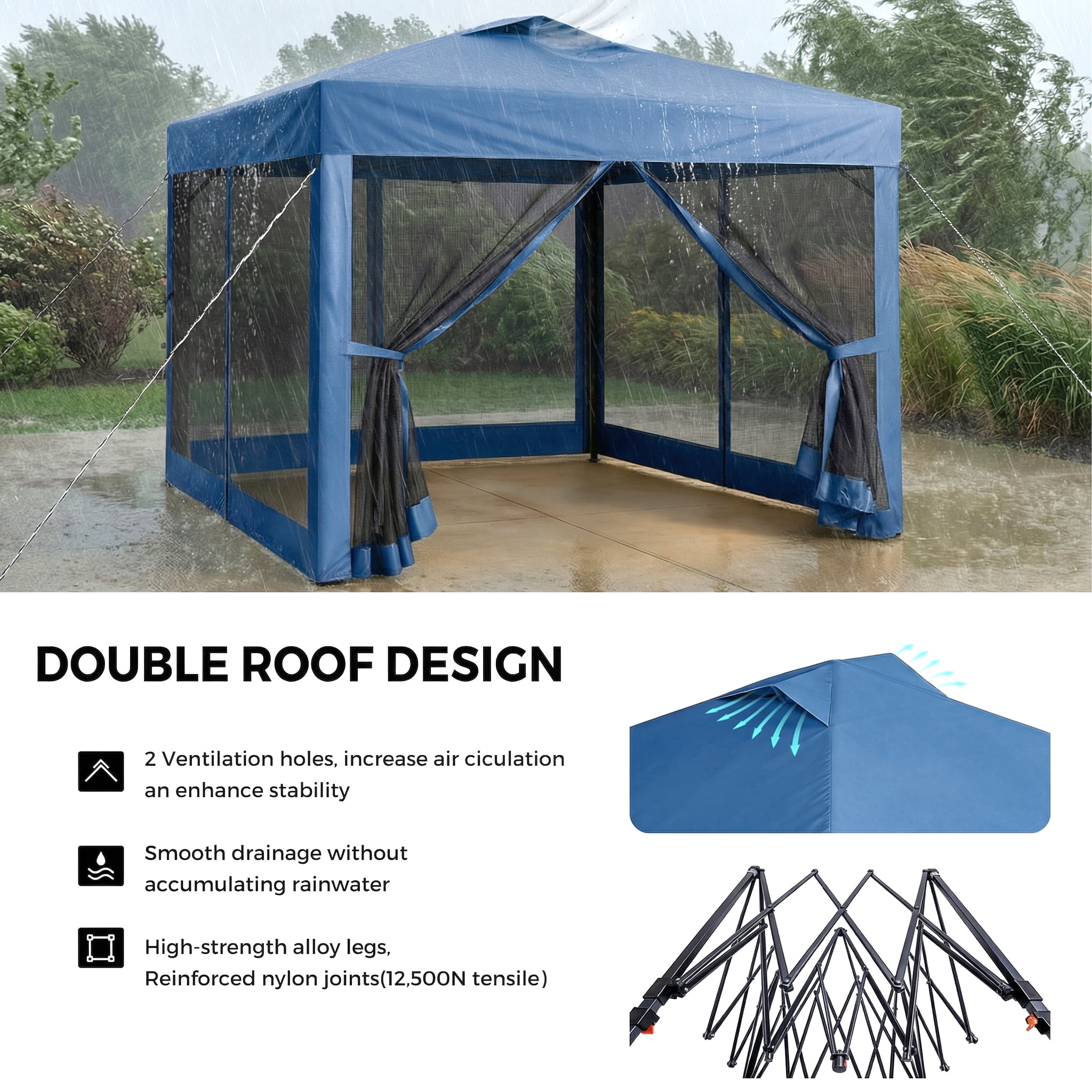 Advwin 10x10 Pop Up Canopy Tent with Netting, Instant Folding Outdoor Gazebo with Wheeled Carry Bag, 3 Adjustable Heights, 4 Sandbags & 4 Ropes, Portable Canopy Shelter for Patio, Backyard, Camping,