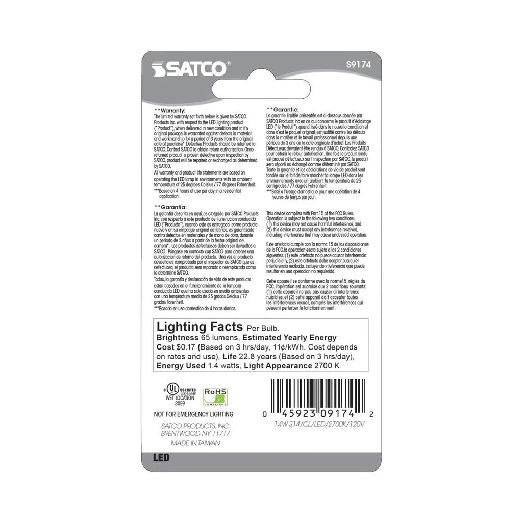 SATCO S9174 S14 1.4W 120V LED Light Bulb 2700K E26 Medium Base (12 Bulbs)