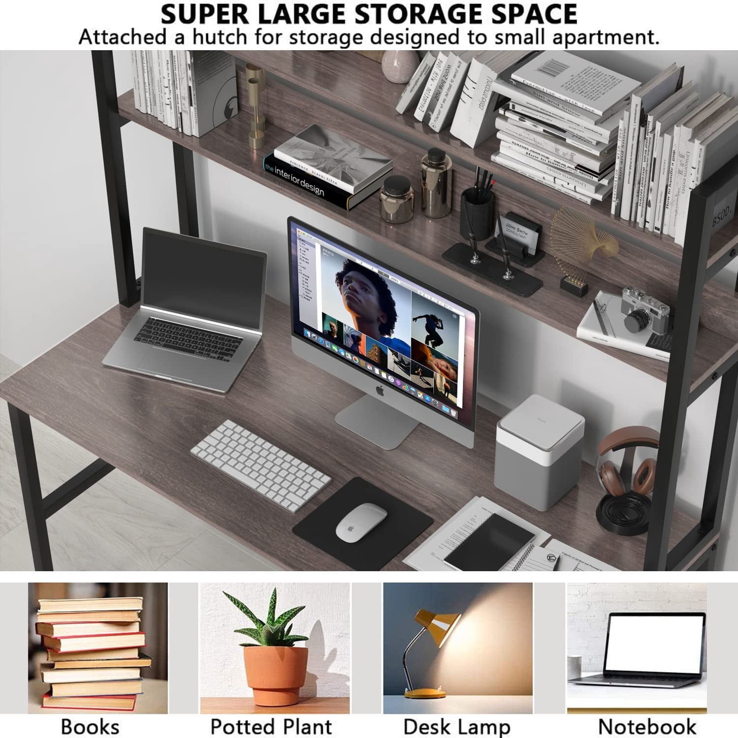 Aquzee Desk with Hutch Bookshelves, Computer Desk with 3 Tiers Storage Shelves, Space Saving Design Black Metal Legs Desk with Grey Board
