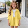 thumbnail image 6 of FAVIPT Outfits for Kids 2 Piece Sets Summer Long Sleeve Collared Button Shirts Drawstring Short Pants Casual Solid Sets Yellow,11 Years, 6 of 9