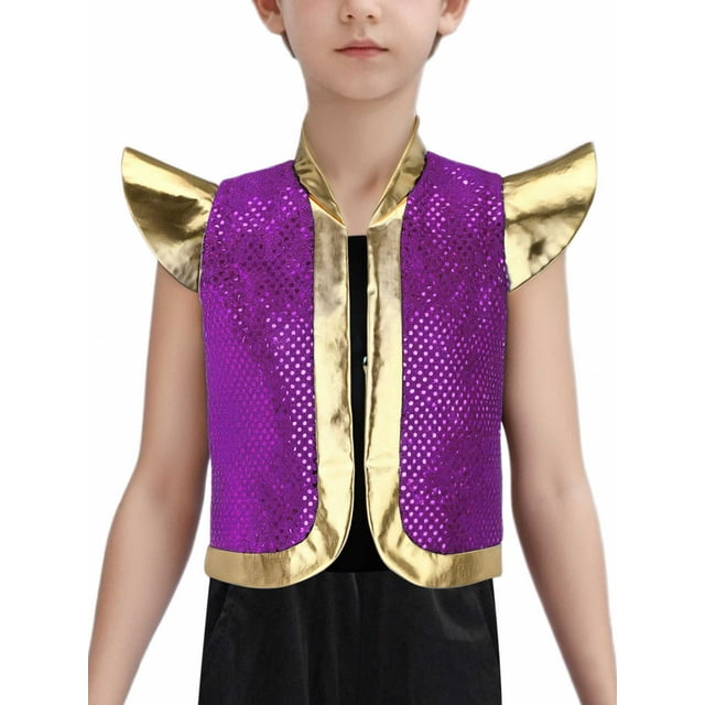 Moggemol Gilet Prince Garçon Design Arabe à Sequins Ouvert avec Manches Courtes Violet 14