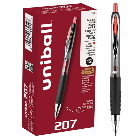 uniball 207 Retractable Gel Pens, Medium Point (0.7mm), Red Ink, 12 Count