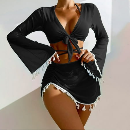 ylioge Bikinis and Cover Up Sets for Women 4 Piece Bathing Suits with Skirts Long Sleeve Tops Bikini Set Solid Color Beach Swimsuits on Clearance