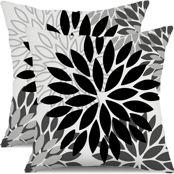 LAMIRO Black Grey Flower Pillow Covers 18x18" Set of 2 White Gray Colored Throw Pillows Outdoor Waterproof Decor for Living Room Sofa Patio Furniture Garden Floral Polyester Pillow Covers