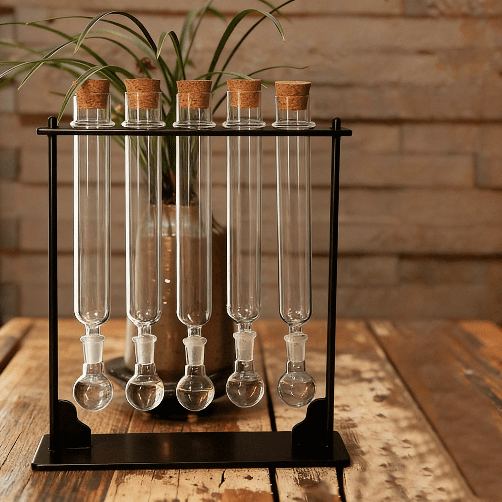 Plyzle Glass Cigar Humidifier - Retro Style with Metal Stand & 5 Glass Vials (Cork Stoppers), Complete Set for Cigar Care & Home Bar (7.09 x 2.76 x 8.27 in)