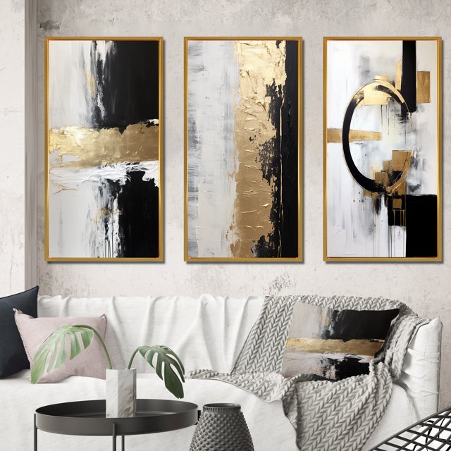 Designart "Horizontal Dimensions Gold and Black Abstract" Abstract Painting Framed Wall Art Set Of 3 - Gold Modern Frame Canvas Set For Living Room Decor