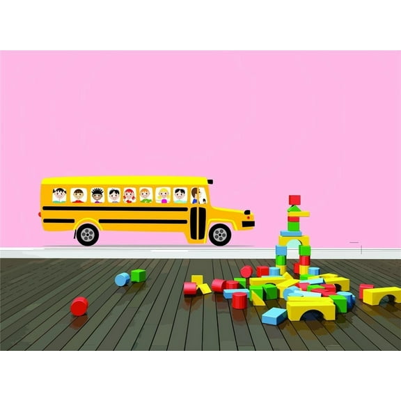 School Bus With Driving Boys Room Teddy Bear Trains Dino Dinosaurs Tractor Mud Puddles Trucks Airplane Holiday Gift Decorating Ideas Girl Boy Bedroom Wall Decal Sticker - Size: 16 Inch x 47 Inch