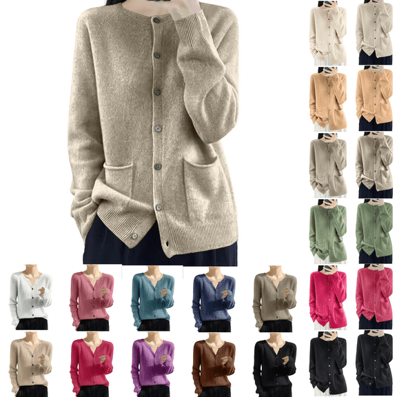 SeekIslan Women's Sweaters with Button Down Crew Neck Long Sleeve Pockets Knit Cardigan