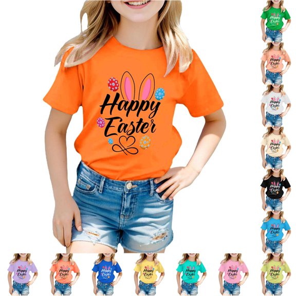 XFeng Kids Happy Easter T-Shirt, Bunny Ears Colorful Easter Egg Graphic Short Sleeve Tee