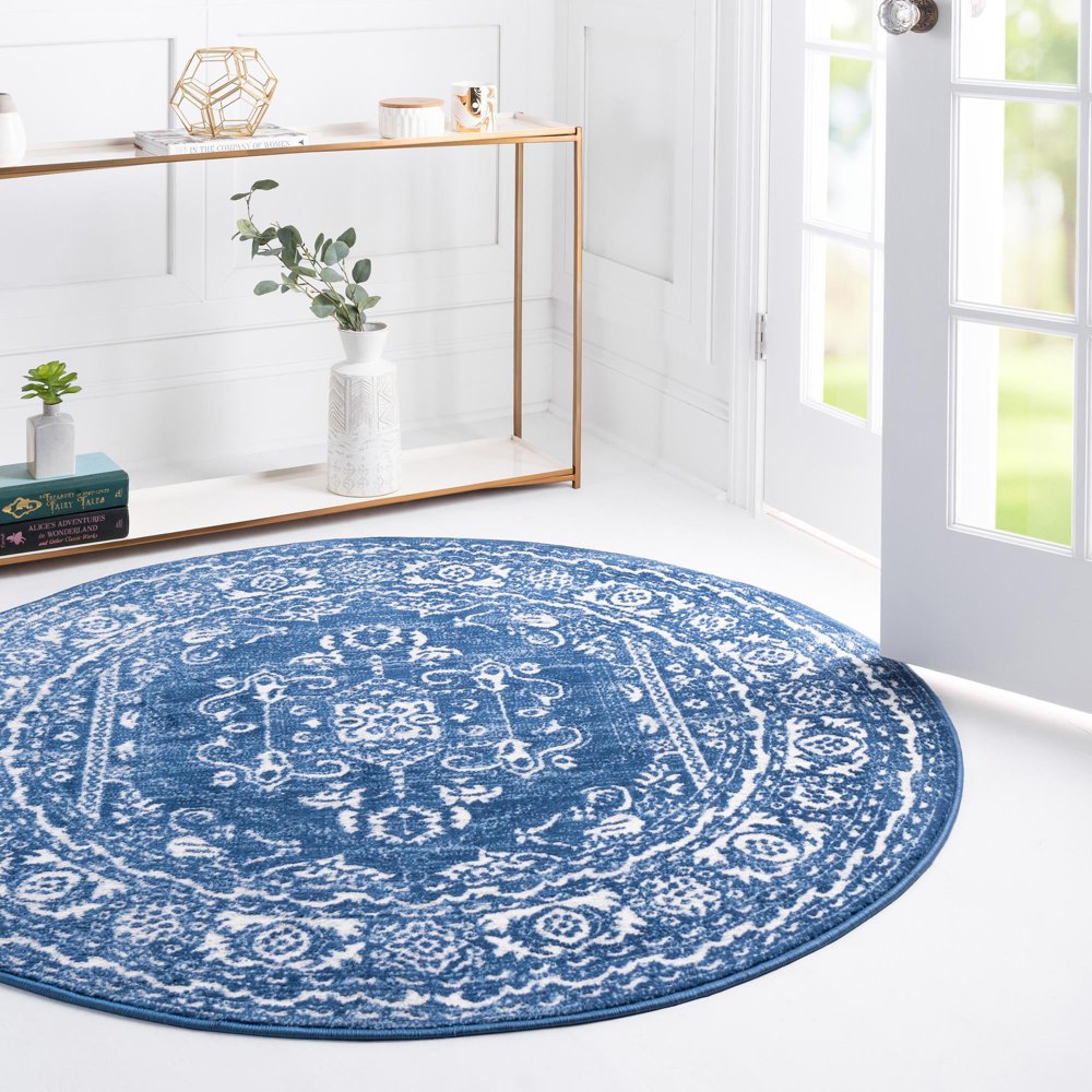Boston Collection Rug 5 Ft Round Blue LowPile Rug Perfect