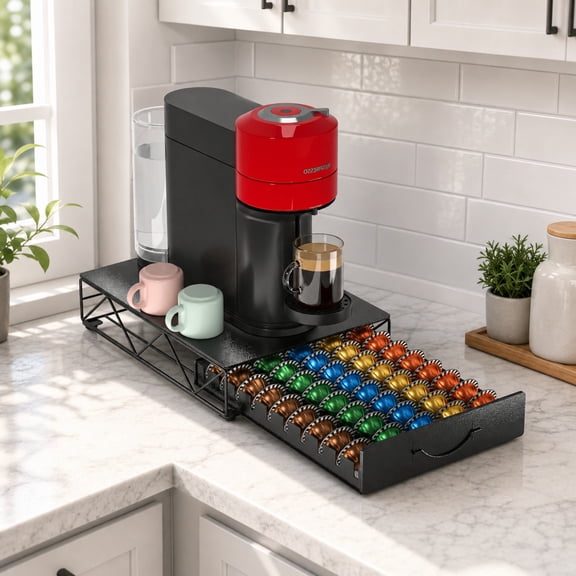 HFHOME Coffee Pod Holder Drawer for Nespresso Vertuo Capsules, 50-Capsule Metal Storage Organizer, Black