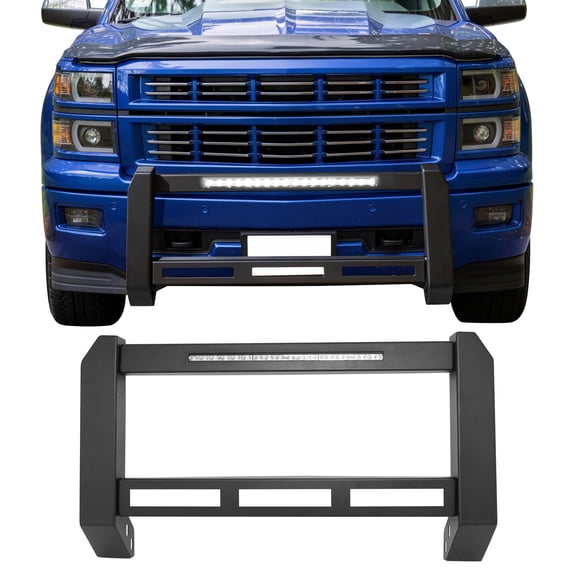 Ikon Motorsports Bull Bar Front Push Bumper Grille Guard W/LED Light For 2007-2018 Chevy Silverado 1500 & 2019 LD   GMC Sierra 1500 & Limited, Steel