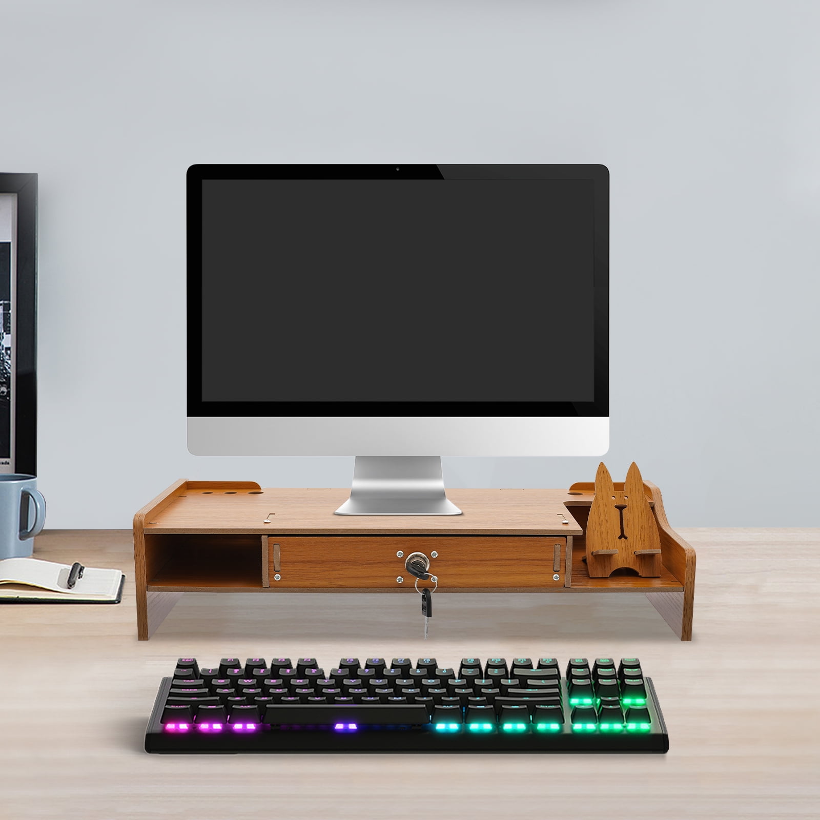 Dwellnix Wooden Monitor Riser Rack w Drawer Computer Laptop PC Stand Desk Organizer