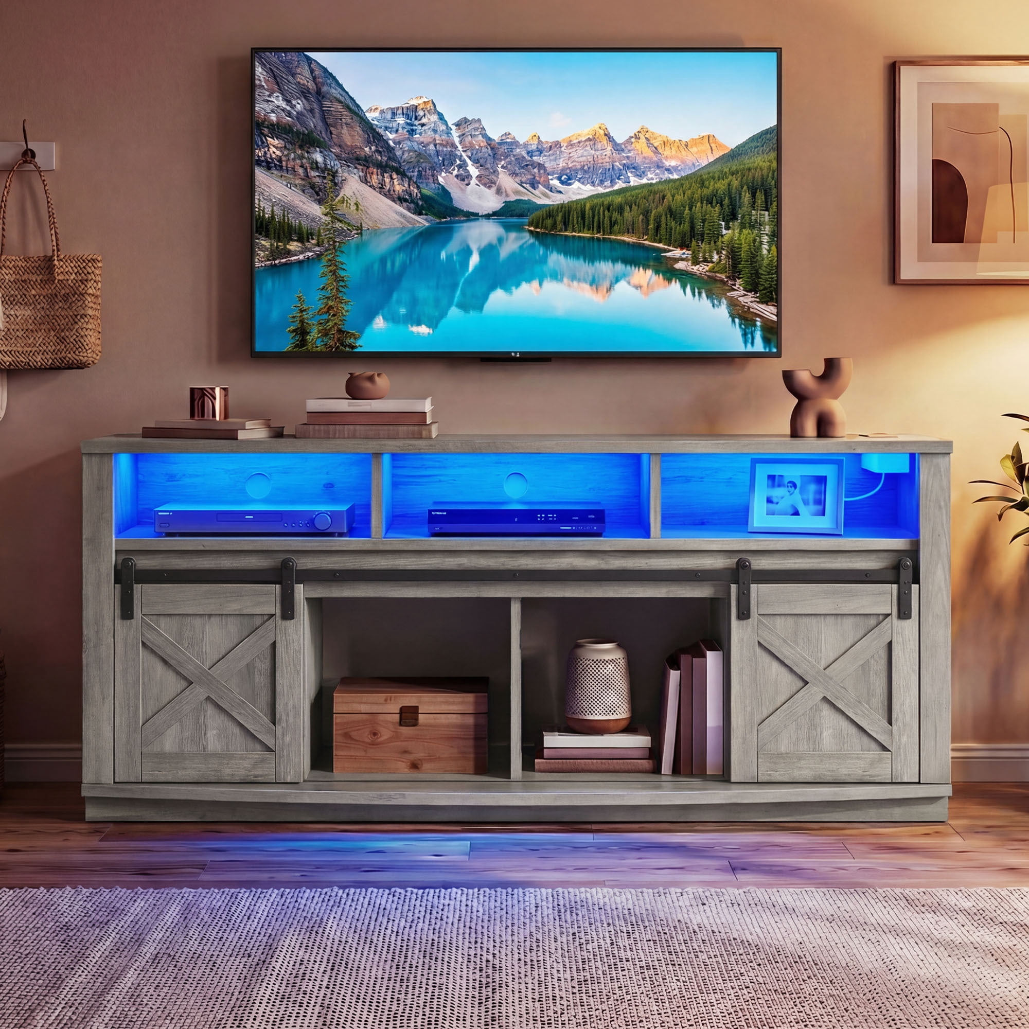 Uforic 70" TV Stand with Power Outlet & LED Lights, Curved Desktop Entertainment Center for 80" TVs, Grey