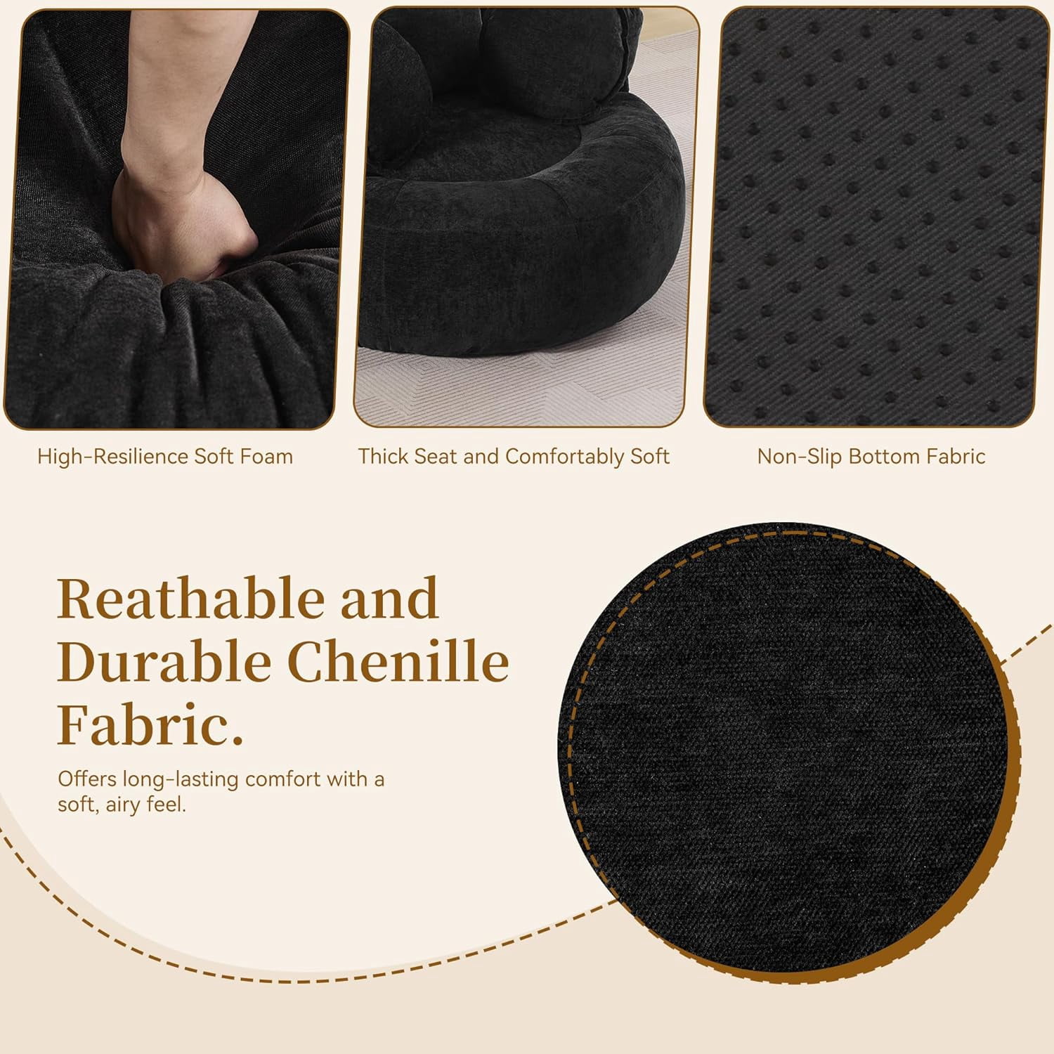 43'' Round Oversized Chaise Lounge Indoor Chair, No Assembly Chenille Compressed Circle Sofa Bed,Comfy Upholstered Sleeper Couch,Lazy Bean Bag Couch for Living Room, Bedroom,Black